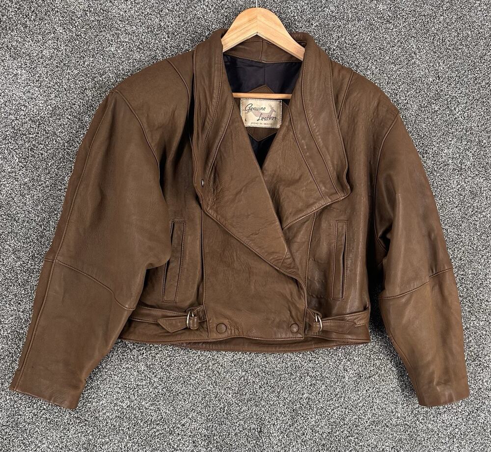 Womens Brown Soft Leather Cropped Biker Bomber Jacket Sz L Mexico Lapel Buckles
